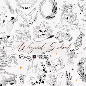 Op de afbeelding: Een verzameling zwart-wit lijntekeningen met tovenaars-thema, waaronder een sorteerhoed, uilen, een kasteel, een ketel, boeken, een bril, een auto en de tekst Wizard School 40 PROCREATE STAMPS.