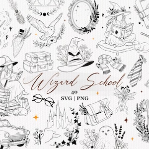 Peut inclure: Une collection d'illustrations au trait noir et blanc sur le thème de l'école de sorciers, incluant un chapeau de tri, un château, des hiboux, une voiture ancienne, des livres, un chaudron et des baguettes. Le texte Wizard School 40 SVG | PNG est centré.
