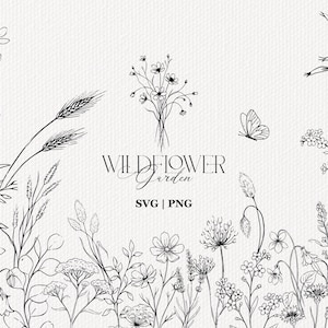 Wildflower Line Art SVG Bundle, Botanicul Clipart PNG, Floral LineArt, Delicate Garden Flowers Vector, Bouquet Flowers, Wild Bouquets png