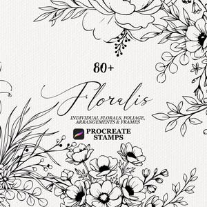 May include: A digital collection of 80+ black and white floral line art illustrations featuring various flowers, foliage, arrangements, and frames. The text reads 80+ Floralis, individual florals, foliage, arrangements & frames, and Procreate stamps.