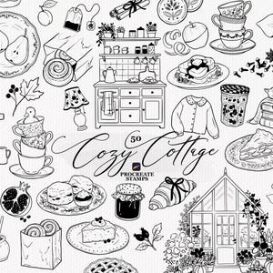 May include: A collection of black and white line art illustrations featuring cozy cottage themes, including kitchen items, baked goods, a fireplace, a greenhouse, and a cat. The text reads 50 Cozy Cottage PROCREATE STAMPS.