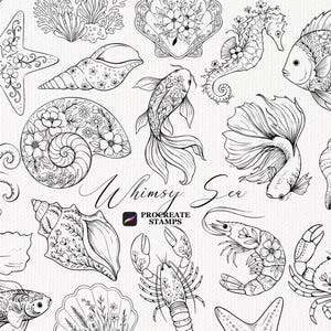 Sellos de criaturas marinas para Procreate, pinceles de vida marina caprichosa para Procreate | Pinceles de sellos florales oceánicos, animales marinos, sellos de tatuajes para iPad