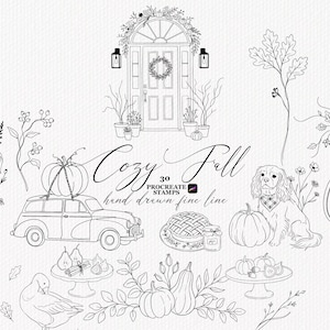 Cozy Fall Procreate Stamps, 30 Autumn Line Art Brushes, Autumn Procreate Stamps
