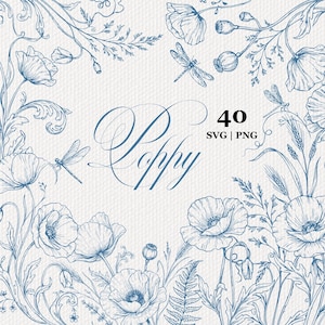 Può includere: Un'illustrazione digitale con disegni a linee blu di fiori di papavero, boccioli, foglie e libellule disposti in un bordo. Il centro contiene il testo 40 SVG | PNG e la parola Poppy in corsivo su uno sfondo bianco strutturato.
