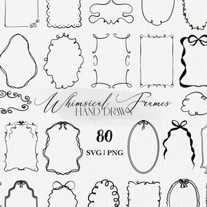 Può includere: Una collezione di 80 cornici disegnate a mano in bianco e nero in varie forme e stili, inclusi design rettangolari, ovali e smerlati, alcuni con fiocchi. Il testo Whimsical Frames HAND DRAWN 80 SVG | PNG è centrato nell'immagine.