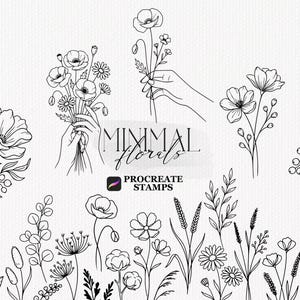 Minimalist Floral Procreate Stamps | Line Art Wildflower Procreate Brushes & Botanical Hand Drawn Elements for iPad Drawing
