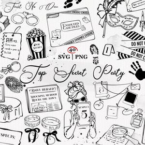 May include: A collection of black and white line art illustrations featuring mystery and detective themes, including a masquerade mask, handcuffs, a magnifying glass, a newspaper, a suspect holding a sign, case files, and crime scene tape.