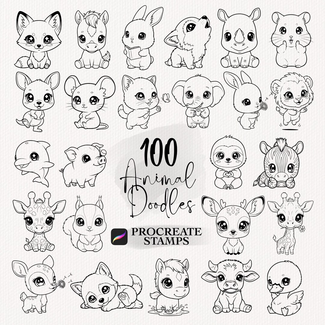 100 Animal Doodle Procreate Stamps, Cute Farm Safari Sea Animals Stamps ...