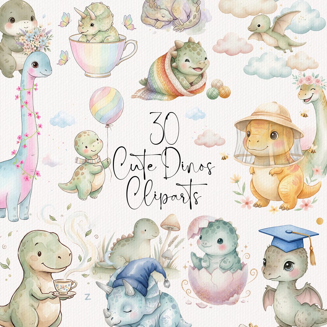 30 Cute Dinosaur Clipart Bundle: Watercolor Baby Dino Pngs for Nursery ...
