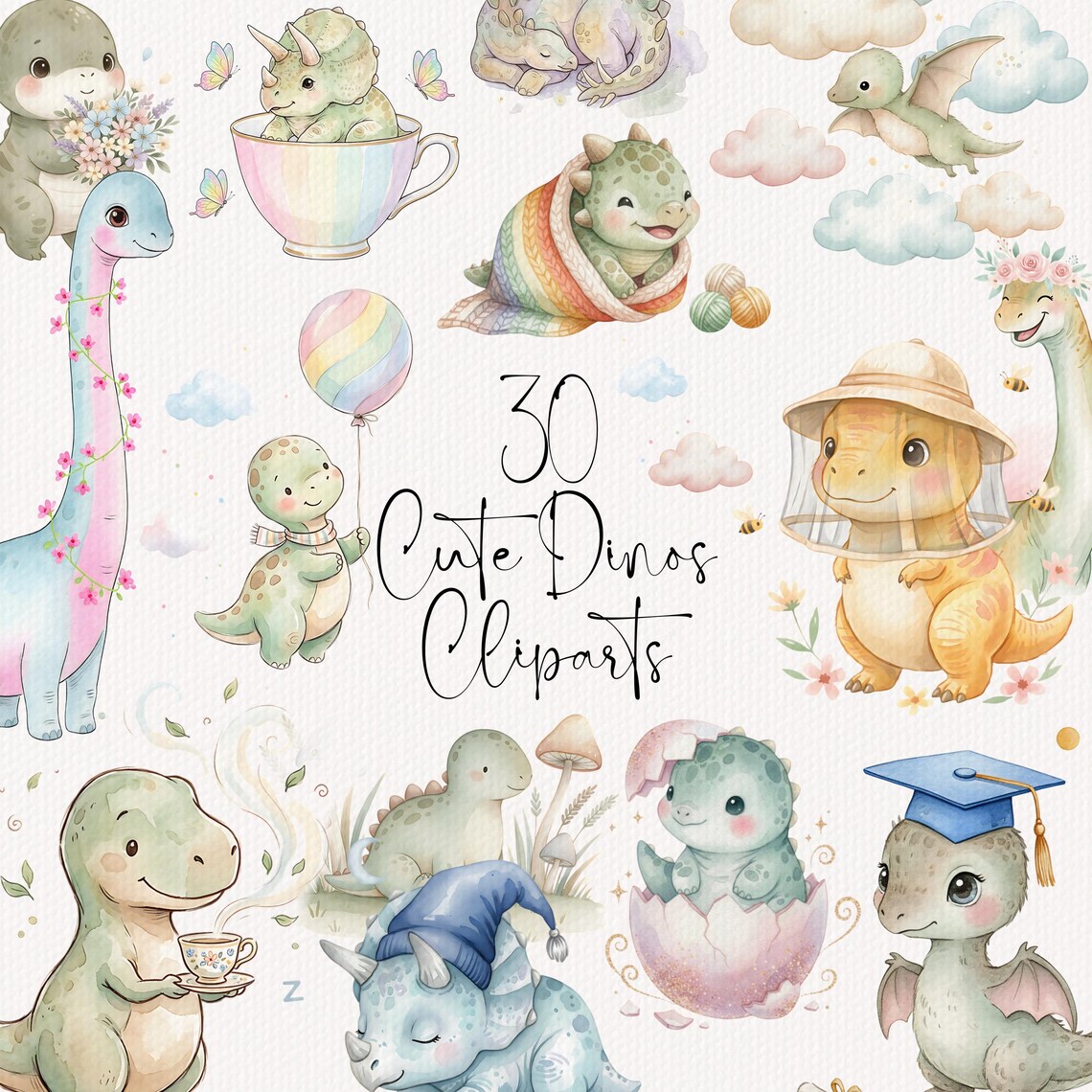 30 Cute Dinosaur Clipart Bundle: Watercolor Baby Dino Pngs for Nursery ...