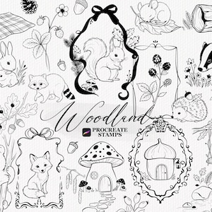 Peut inclure: Une collection d'illustrations au trait noir et blanc représentant des animaux des bois, notamment un écureuil, un lapin, un raton laveur, un blaireau, un hérisson, un renard et un ourson, avec des champignons, des glands et des baies.