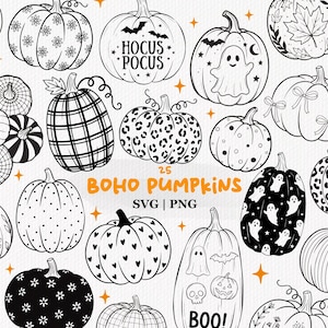 Può includere: Una collezione di illustrazioni di zucche in bianco e nero con vari motivi come stampa leopardata, quadri, fiori, fantasmi e pipistrelli, con il testo 25 BOHO PUMPKINS SVG | PNG e BOO, accentuato da piccole stelle arancioni a quattro punte.