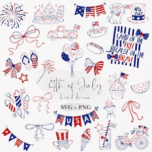 May include: A collection of red, white, and blue hand-drawn illustrations for the 4th of July, including fireworks, cupcakes, a truck, hot dogs, balloons, bows, flip-flops, a bicycle, and text reading Land of the Free Because of the Brave.
