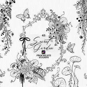 Peut inclure: Une collection d'illustrations au trait noir et blanc comprenant un cadre orné central, divers arrangements floraux, des vignes suspendues et des papillons. Le texte indique 43 Secret Garden PROCREATE STAMPS au centre.