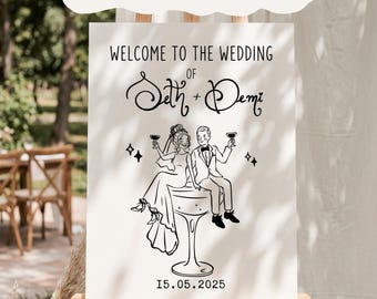 Custom Wedding Portrait Illustration, Funny Wedding Graphic, Hand Drawn Couple Line Art, Personalized Save the Date, Wedding Invitation Sign