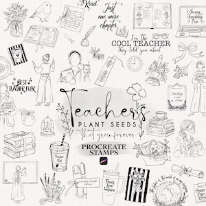 Può includere: Una collezione di illustrazioni in bianco e nero a tema insegnanti. Include libri, fiori, tazze di caffè, un laptop e il testo "Teachers plant seeds that grow forever".