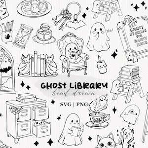Può includere: Una collezione di illustrazioni disegnate a mano in bianco e nero con fantasmi, libri, mobili da biblioteca e oggetti decorativi. Il testo recita "Quiet Please: Ghosts are reading", "Ghost Stories for Rainy Days", "Shhh" e "Ghost Library".