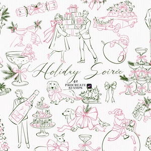 Puede incluir: Una colección de sellos digitales de arte lineal titulada Holiday Soiree, con ilustraciones en verde y rosa de temas festivos que incluyen champán, cajas de regalo, un árbol decorado, perros salchicha con lazos, Santa Claus y coches antiguos.