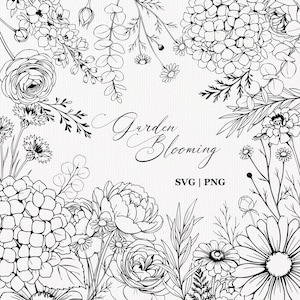 Può includere: Un'illustrazione in bianco e nero a tratto che presenta un bordo floreale con vari fiori, foglie e steli. Il centro contiene il testo Garden Blooming e i formati di file SVG | PNG. Il design è composto da contorni nitidi e dettagliati.