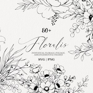 Può includere: Un set grafico digitale in bianco e nero con oltre 80 elementi floreali, inclusi fiori singoli, fogliame, composizioni e cornici. Il testo recita 80+ Floralis, INDIVIDUAL FLORALS, FOLIAGE, ARRANGEMENTS & FRAMES, SVG | PNG.