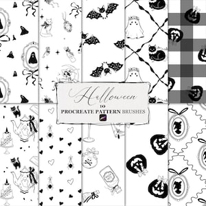 Può includere: Una collezione di dieci pennelli digitali per Procreate con illustrazioni di Halloween in bianco e nero. I disegni includono fantasmi, pipistrelli, gatti, zucche, pozioni, ragni, cuori e cornici decorate con il testo Halloween 10 PROCREATE PATTERN BRUSHES.