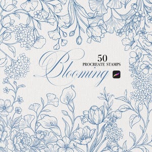 Può includere: Un design di arte digitale con un bordo floreale in linea blu, raffigurante vari fiori e foglie. La parola "Blooming" è scritta in elegante corsivo, con "50 Procreate Stamps" sotto. È presente anche un'icona dell'app Procreate.