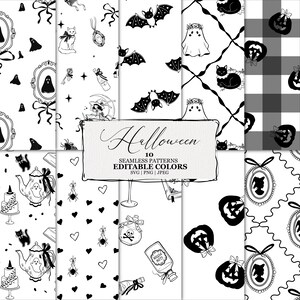 Può includere: Una collezione di dieci motivi senza cuciture con illustrazioni in bianco e nero di fantasmi, pipistrelli, gatti, zucche, ragni, cuori e boccette di pozioni. Il testo centrale recita Halloween 10 SEAMLESS PATTERNS EDITABLE COLORS SVG | PNG | JPEG.
