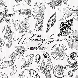 Procreate Sea Ocean Creatures Stamps, Whimsical Sea Life Procreate Brushes | Floral Ocean Stamp Brushes, Marine Animals, Tattoo Stamps iPad