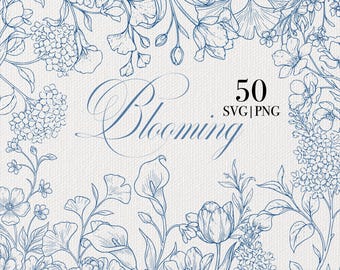 Floral Line Art SVG PNG: Chinoiserie Pattern svg, Botanical svg png, Wedding Flowers svg
