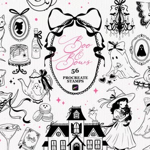 Può includere: Una collezione di 56 timbri digitali in bianco e nero per Procreate con illustrazioni di gatti, fantasmi, streghe, una casa stregata, una teiera e torte. La cornice ovale centrale contiene il testo Boo & Bows 56 PROCREATE STAMPS.