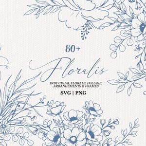 Può includere: Un set grafico digitale con oltre 80 illustrazioni floreali, fogliame, composizioni e cornici in linea blu. Il testo recita 80+ Floralis, INDIVIDUAL FLORALS, FOLIAGE, ARRANGEMENTS & FRAMES e SVG | PNG su uno sfondo bianco testurizzato.