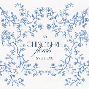 Può includere: Un design grafico digitale con illustrazioni a linee blu di rami fioriti e uccelli disposti in un motivo simmetrico. Il testo centrale recita 60 CHINOISERIE florals SVG | PNG, presentato in un carattere serif e corsivo blu scuro.