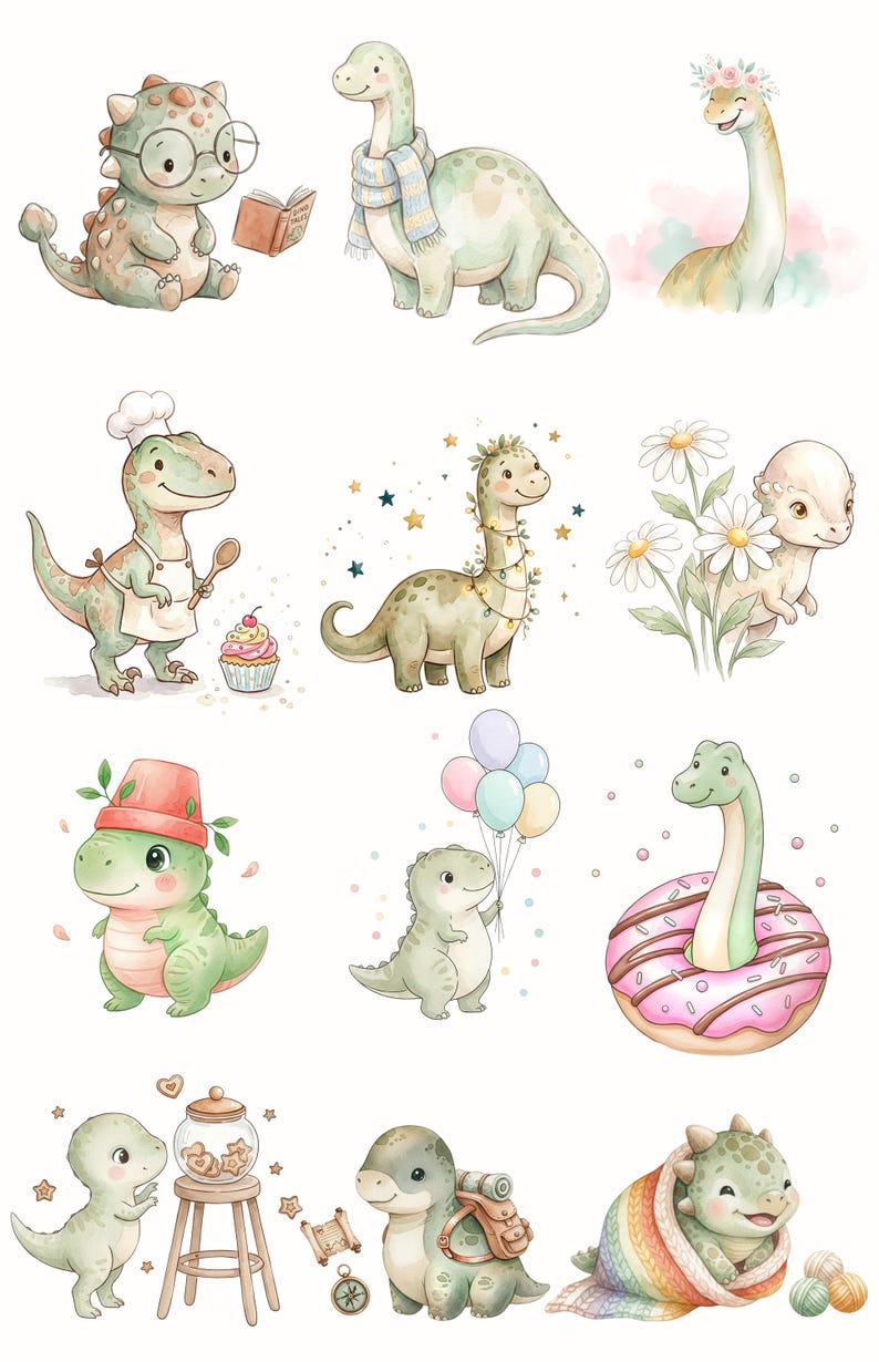 30 Cute Dinosaur Clipart Bundle: Watercolor Baby Dino Pngs for Nursery ...