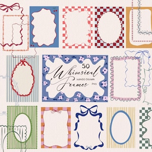 Può includere: Una collezione di 50 cornici disegnate a mano, stravaganti, in varie forme e colori. Le cornici includono disegni ovali, rettangolari e irregolari, con elementi decorativi come fiocchi, strisce e motivi floreali. È incluso anche il testo "Whimsical Frames".