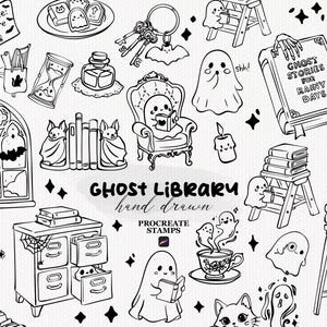 May include: A collection of black and white hand-drawn digital stamps featuring ghosts in a library setting. Elements include ghosts reading books, a card catalog, stacks of books, a teacup, keys, candles, and text reading Ghost Library.