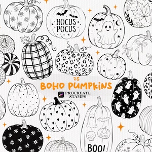 Könnte beinhalten: Eine Sammlung von 25 schwarz-weißen digitalen Kürbisillustrationen mit verschiedenen Mustern wie Leopardenmuster, Blumen, Herzen, Geistern und Karos. Der Text lautet 25 BOHO PUMPKINS und PROCREATE STAMPS, ergänzt durch kleine vierzackige Sternsymbole.