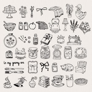 May include: Black and white line art illustration of various vintage and handmade items. Includes a cake on a stand, flowers, a teapot, a sewing machine, and the text "in my grammy era."