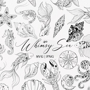 Könnte beinhalten: Eine Sammlung von schwarz-weißen Strichzeichnungen mit verschiedenen Meerestieren und Muscheln, darunter ein Oktopus, eine Krabbe, ein Hummer, ein Seepferdchen und Fische, mit dem Text 40 Whimsy Sea SVG | PNG in der Mitte des Designs.