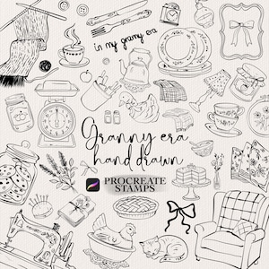 Può includere: Illustrazione in bianco e nero con elementi disegnati a mano, che evocano un'atmosfera vintage. Include utensili da cucina, strumenti di cucito e oggetti decorativi. Il testo recita "Granny era hand drawn" e "Procreate Stamps".