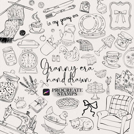 In My Granny Era Procreate Stamps, grandma core stamps, hand drawn granny vintage style brushes, cottagecore brushset