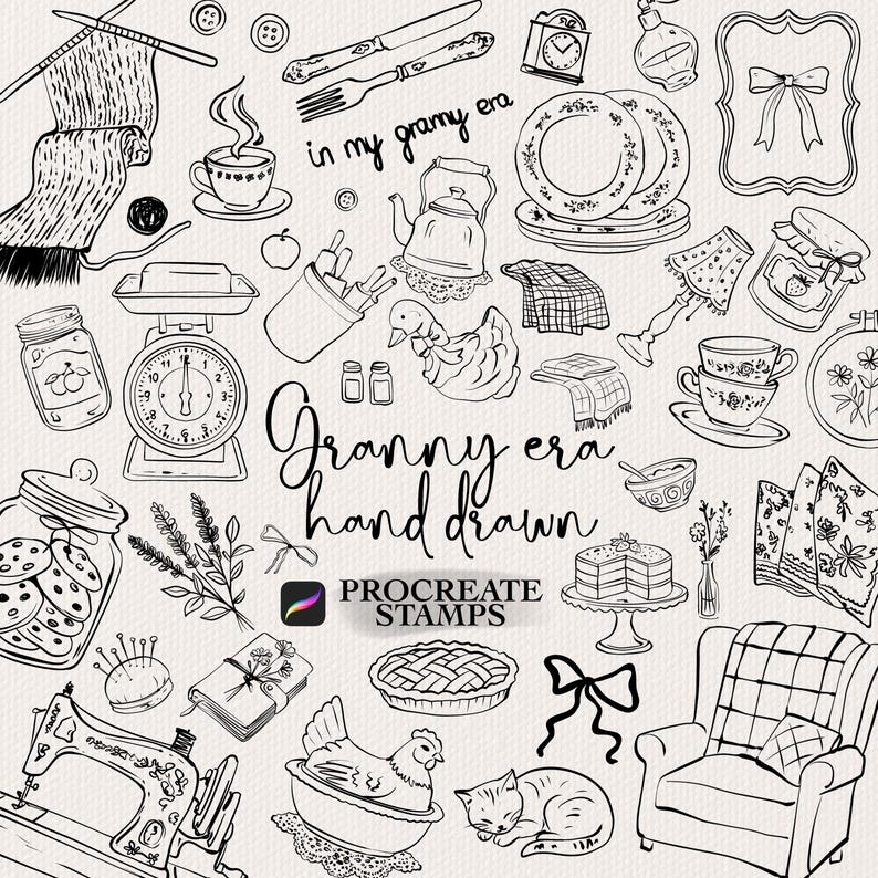 In My Granny Era Procreate Stamps, grandma core stamps, hand drawn granny vintage style pngs svg, cottagecore svg