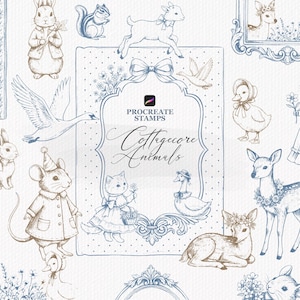 Puede incluir: Una colección digital de ilustraciones de línea azul y marrón con varios animales, incluyendo conejos, ciervos, ratones y aves. El marco central contiene el texto Procreate Stamps Cottagecore Animals en una fuente cursiva decorativa.