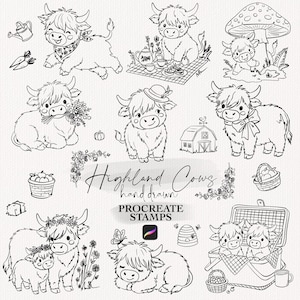 Puede incluir: Ilustraciones en blanco y negro dibujadas a mano de vacas de las Tierras Altas en varias poses. Algunas vacas se representan con flores, sombreros y escenas de picnic. También se incluye el texto "Highland Cows hand drawn" y "Procreate Stamps".