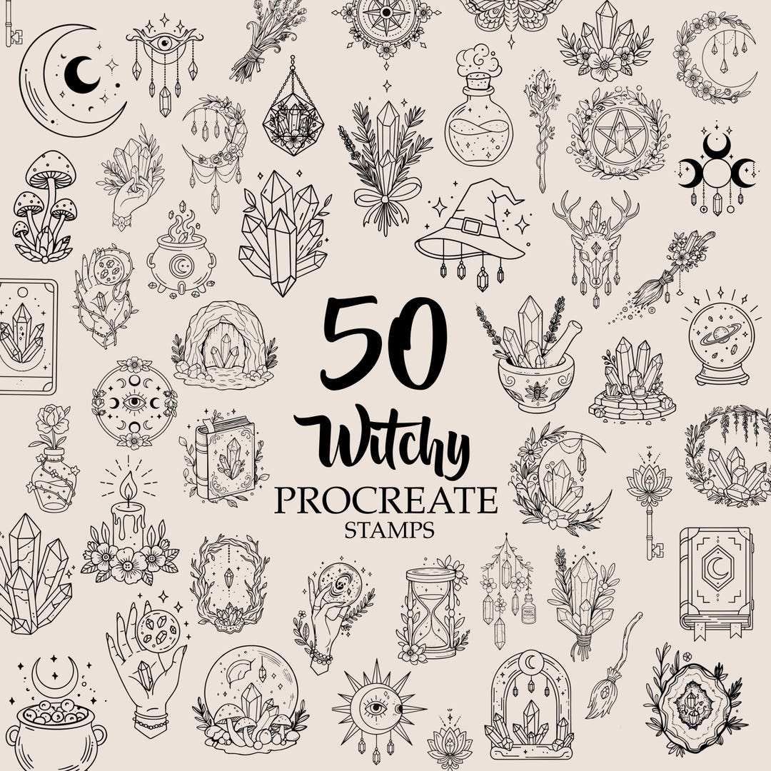 50 Witchy Celestial Procreate Stamps Set, Magical Stamps, Moon, Gothic ...