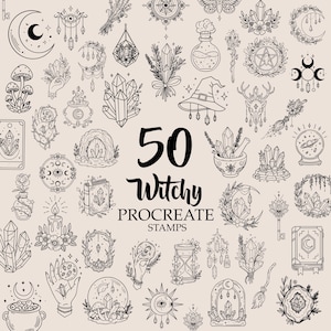 Puede incluir: Una colección de 50 sellos de Procreate con temática de brujas en blanco y negro. Las ilustraciones incluyen cristales, lunas, botellas de pociones, sombreros de bruja y otros elementos místicos. El texto "50 Witchy Procreate Stamps" se muestra en el centro.