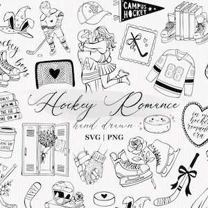 May include: A collection of black and white line art illustrations featuring hockey-themed elements including jerseys, skates, sticks, pucks, a locker, books, and romantic motifs with the text Hockey Romance, hand drawn, SVG, PNG, and Hockey Wife.