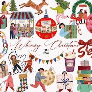 Puede incluir: Una colección de ilustraciones con temática navideña que incluye personas, regalos, adornos, un muñeco de nieve, un reno y un árbol de Navidad. El texto Whimsy Christmas 30 PNG está centrado en medio de los coloridos gráficos festivos.