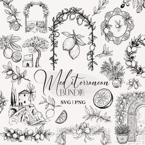 May include: Black and white illustrations of Mediterranean elements, including lemons, olive branches, arches, and architectural sketches. The text "Mediterranean Bundle" is displayed in a decorative font, with "SVG | PNG" below.