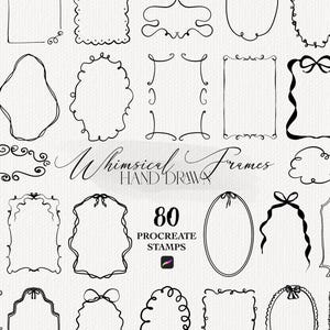 Op de afbeelding: Een collectie van 80 handgetekende digitale kaderstempels voor Procreate. De afbeelding toont diverse randvormen, waaronder rechthoeken, ovalen en wolkachtige contouren, sommige met strikaccenten. Tekst: Whimsical Frames HAND DRAWN 80 PROCREATE STAMPS.