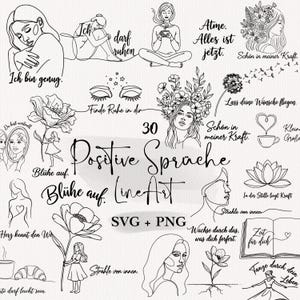 Può includere: Una collezione di 30 illustrazioni in linea con citazioni ispiratrici in tedesco. Le immagini includono disegni floreali, figure femminili e testo come "Positive Sprüche" e "Blühe auf". Disponibile nei formati SVG e PNG.